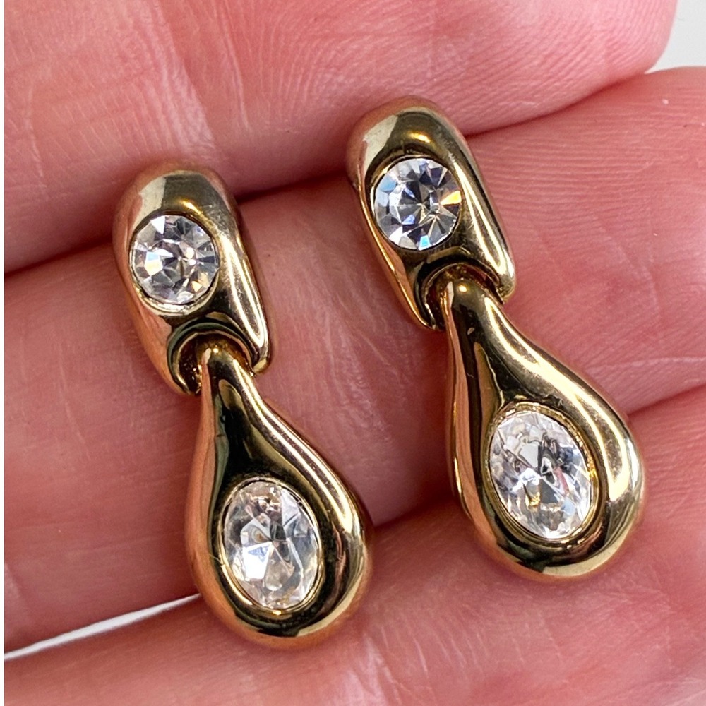 Vintage Drop Earrings Gold Tone Clear Crystal Teardrop Dangle Luxury Style